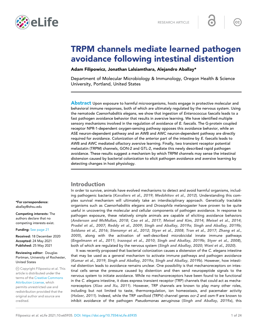 TRPM Channels Mediate Learned Pathogen Avoidance Following Intestinal Distention Adam Filipowicz, Jonathan Lalsiamthara, Alejandro Aballay*