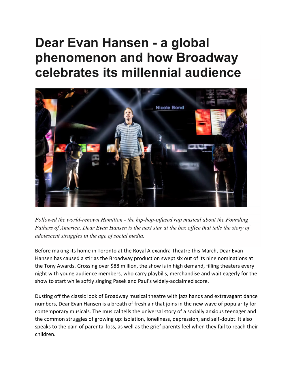 Dear Evan Hansen - a Global Phenomenon and How Broadway Celebrates Its Millennial Audience