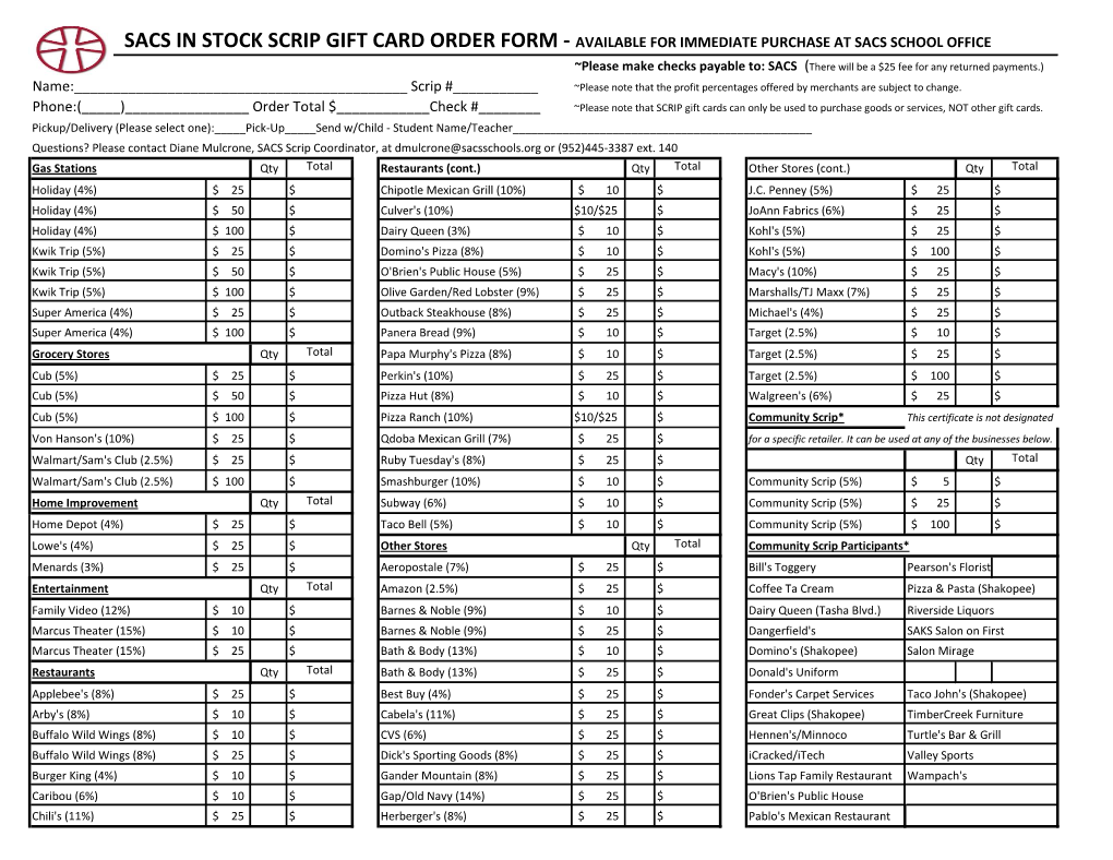 Sacs in Stock Scrip Gift Card Order Form