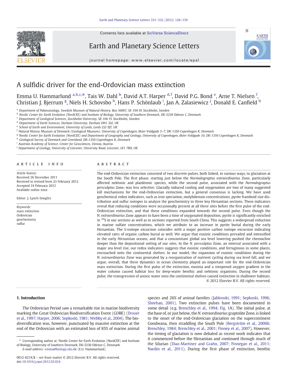 A Sulfidic Driver for the End-Ordovician Mass Extinction