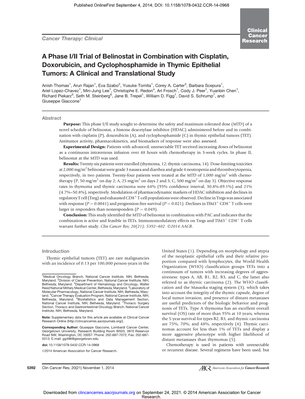 A Phase I/II Trial of Belinostat in Combination with Cisplatin, Doxorubicin, and Cyclophosphamide in Thymic Epithelial Tumors: a Clinical and Translational Study