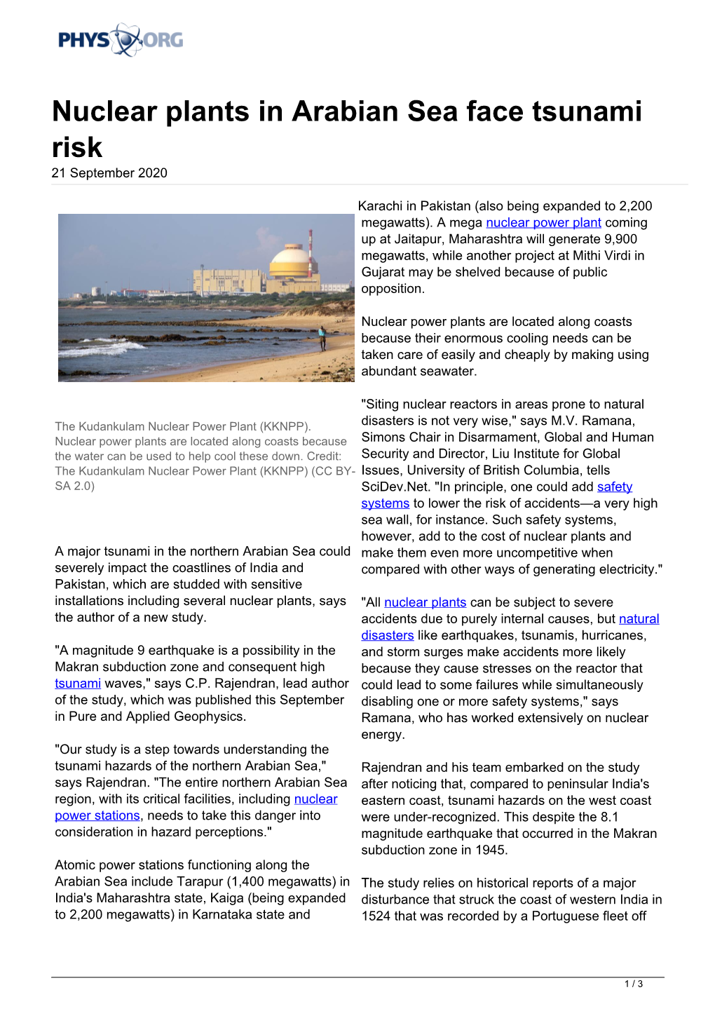 Nuclear Plants in Arabian Sea Face Tsunami Risk 21 September 2020