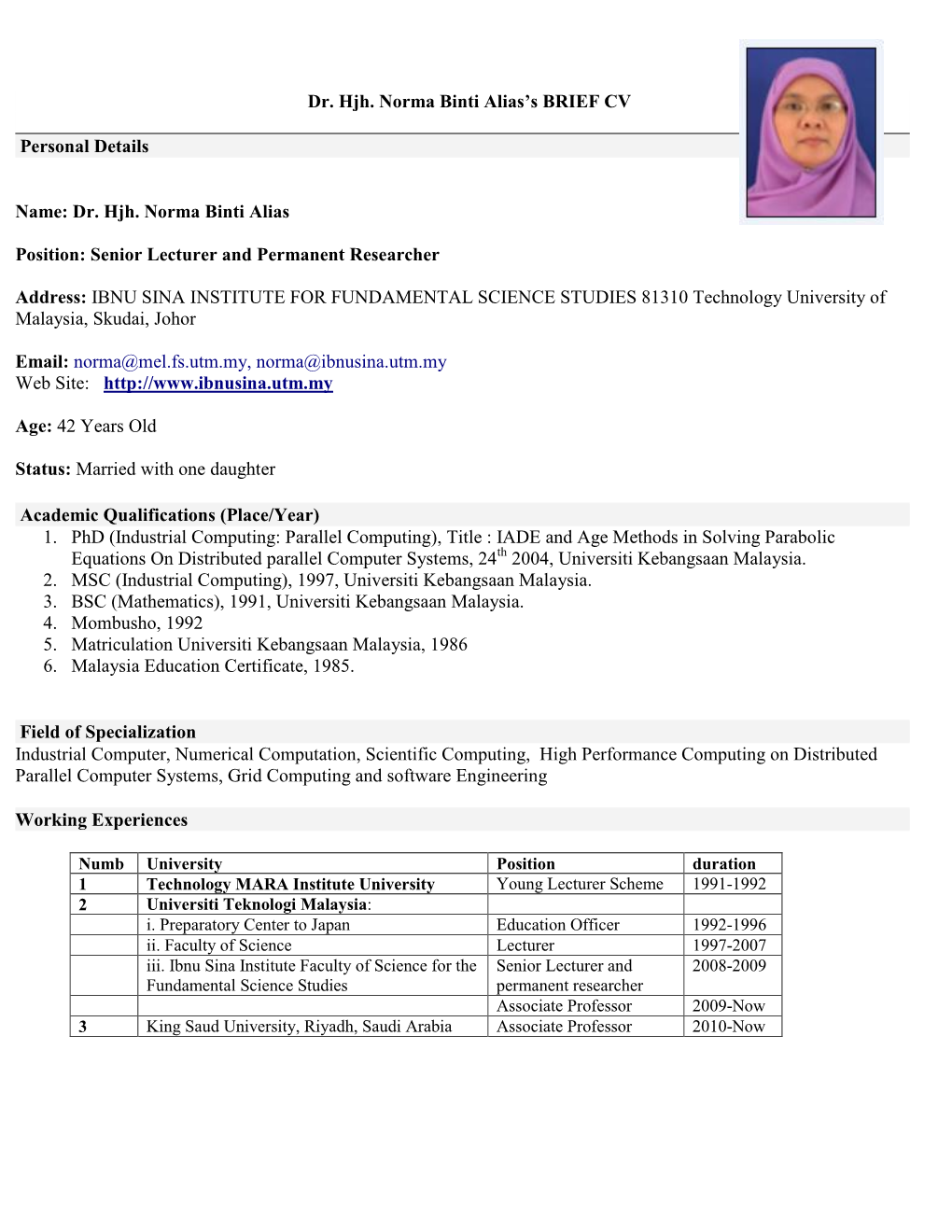 Dr. Hjh. Norma Binti Alias's BRIEF CV