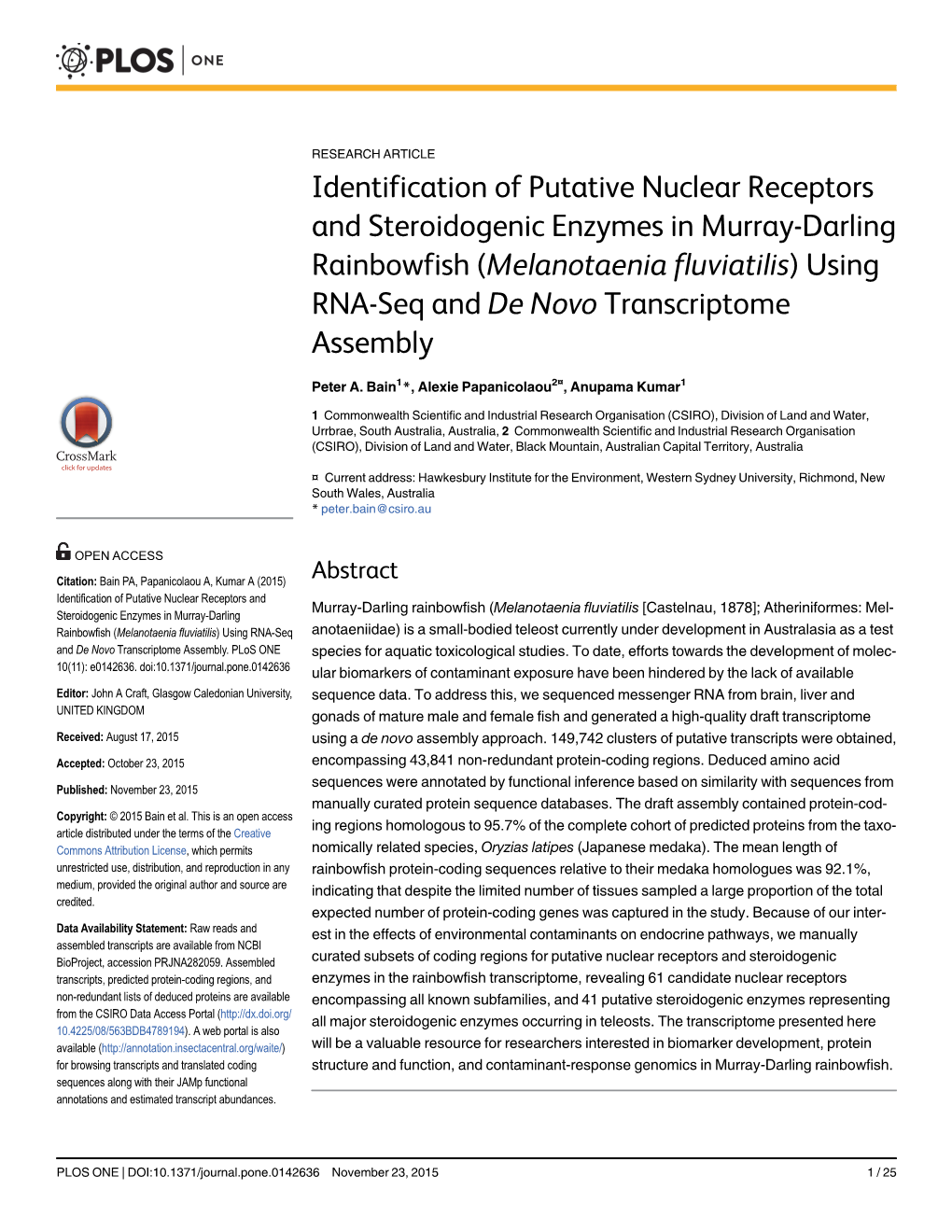 Melanotaenia Fluviatilis) Using RNA-Seq and De Novo Transcriptome Assembly