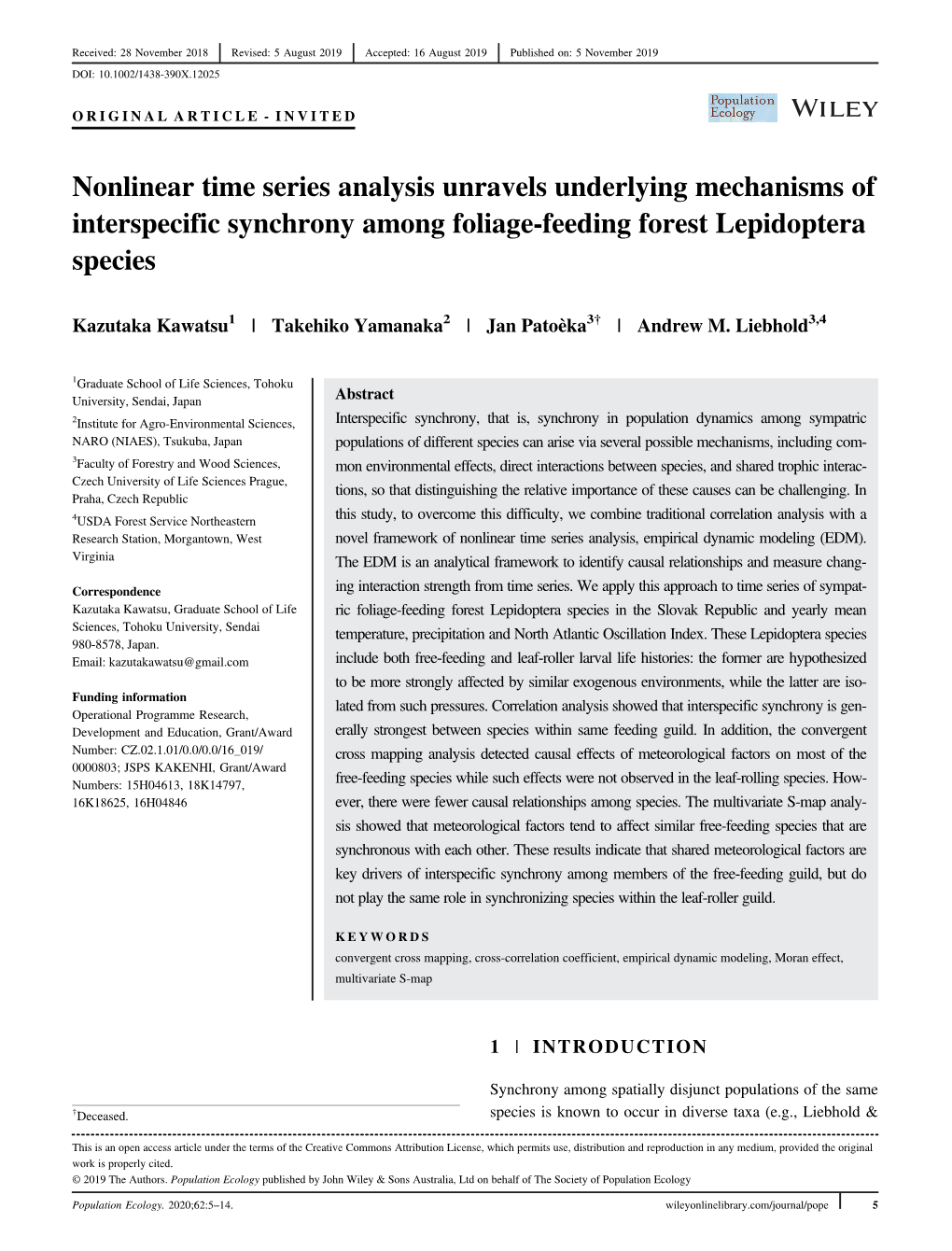 Nonlinear Time Series Analysis Unravels Underlying Mechanisms of Interspecific Synchrony Among Foliage-Feeding Forest Lepidoptera Species