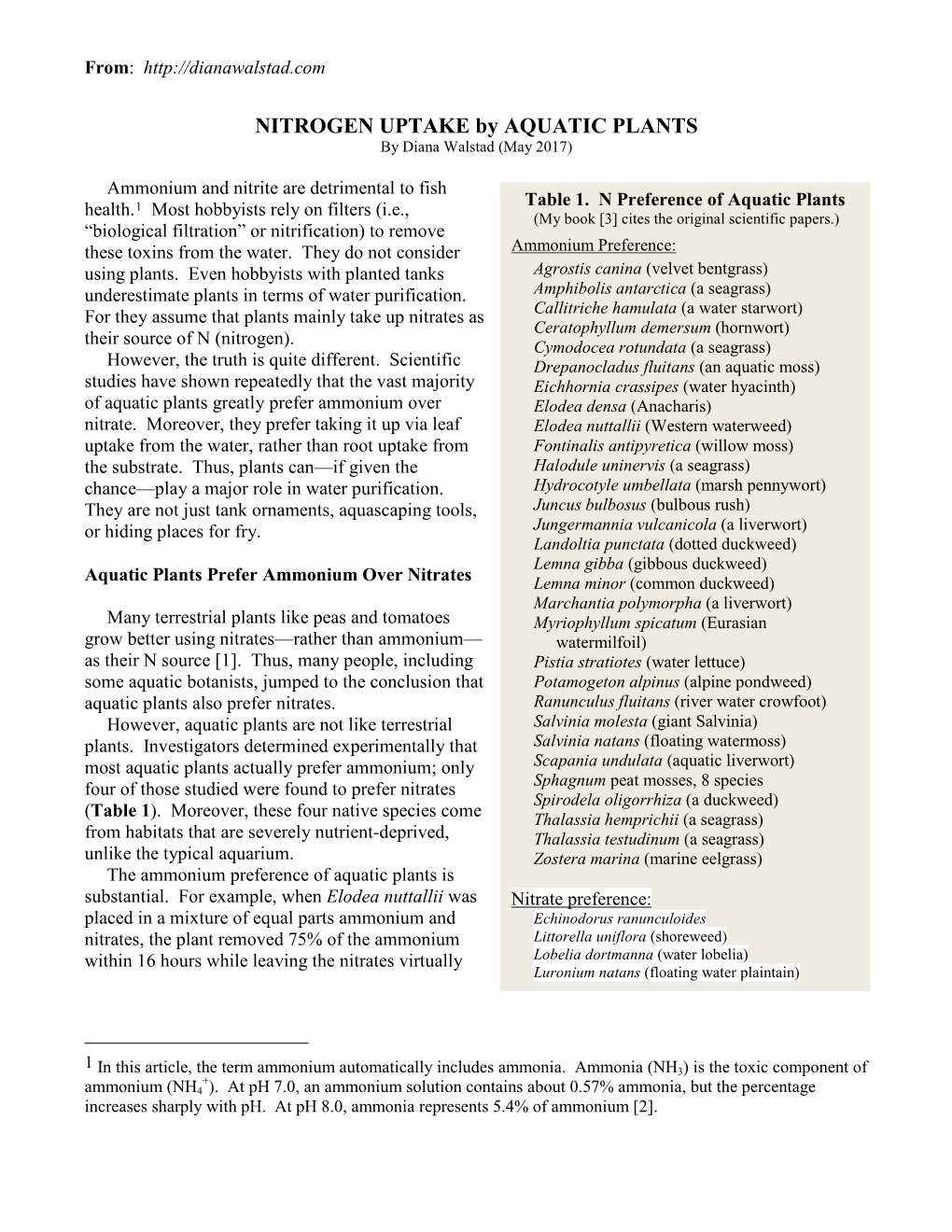 Nitrogen Uptake in Aquatic Plant