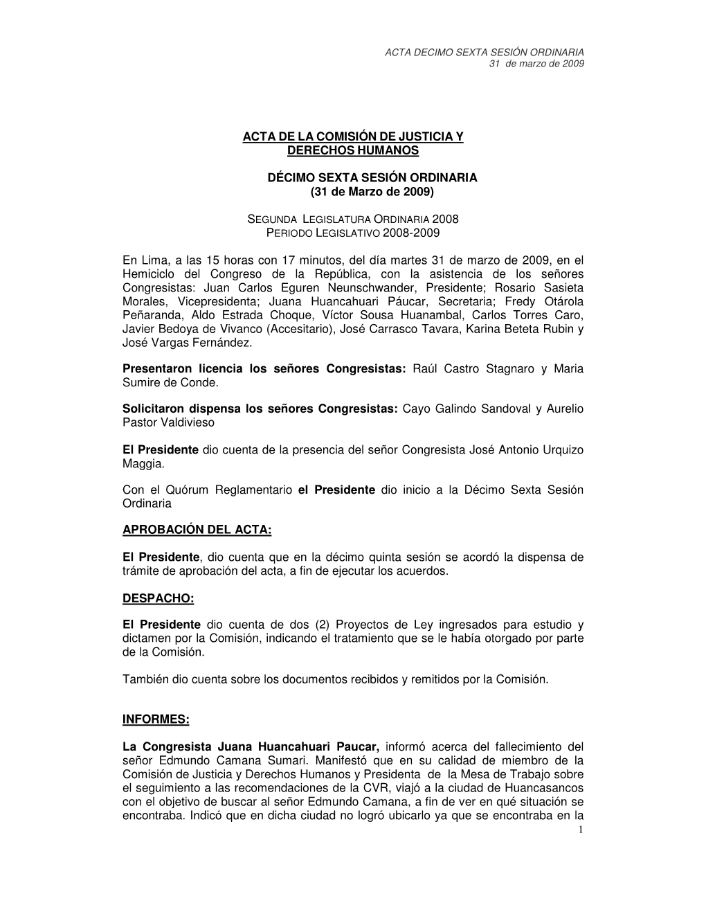 Acta De La Comisión De Justicia Y Derechos Humanos