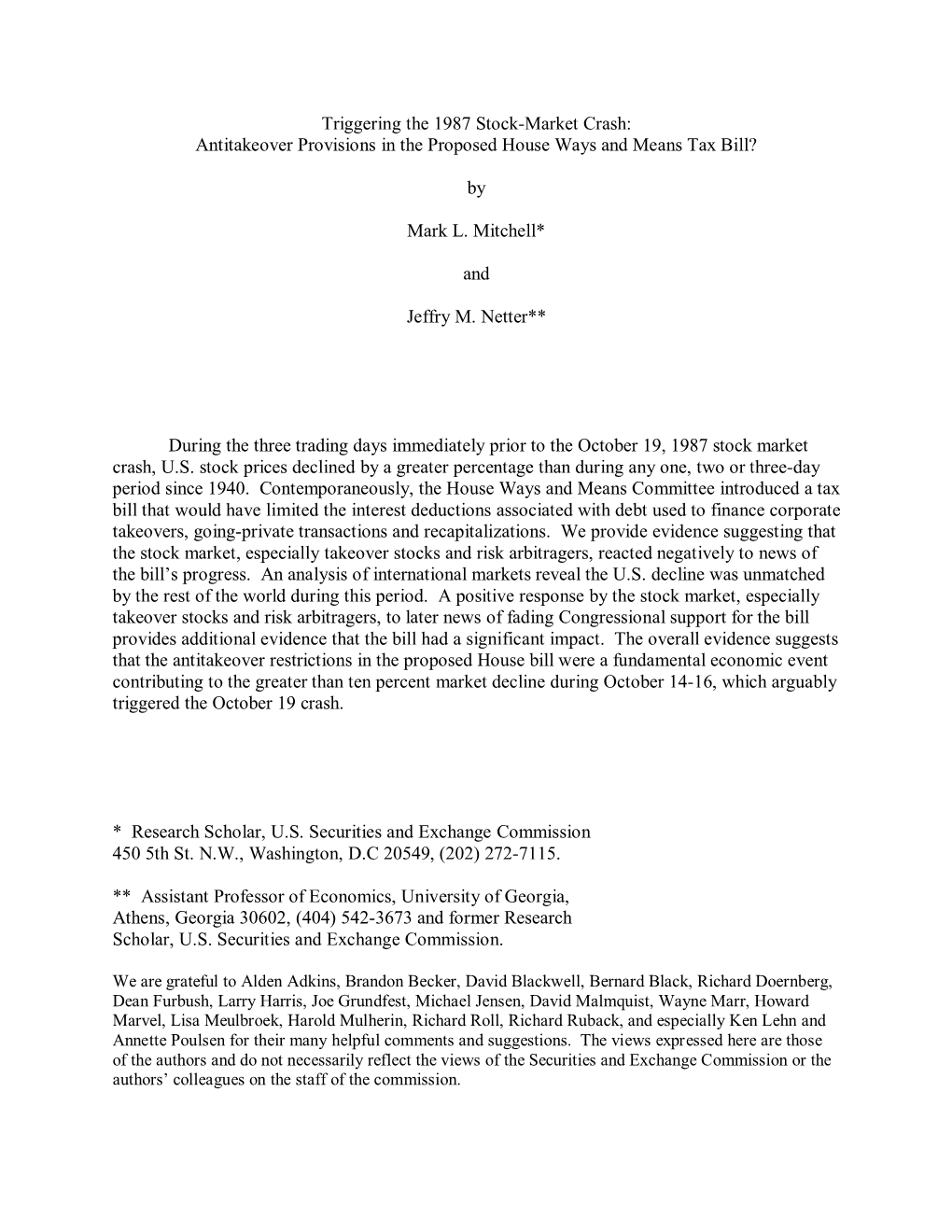 Triggering the 1987 Stock-Market Crash: Antitakeover Provisions in the Proposed House Ways and Means Tax Bill?