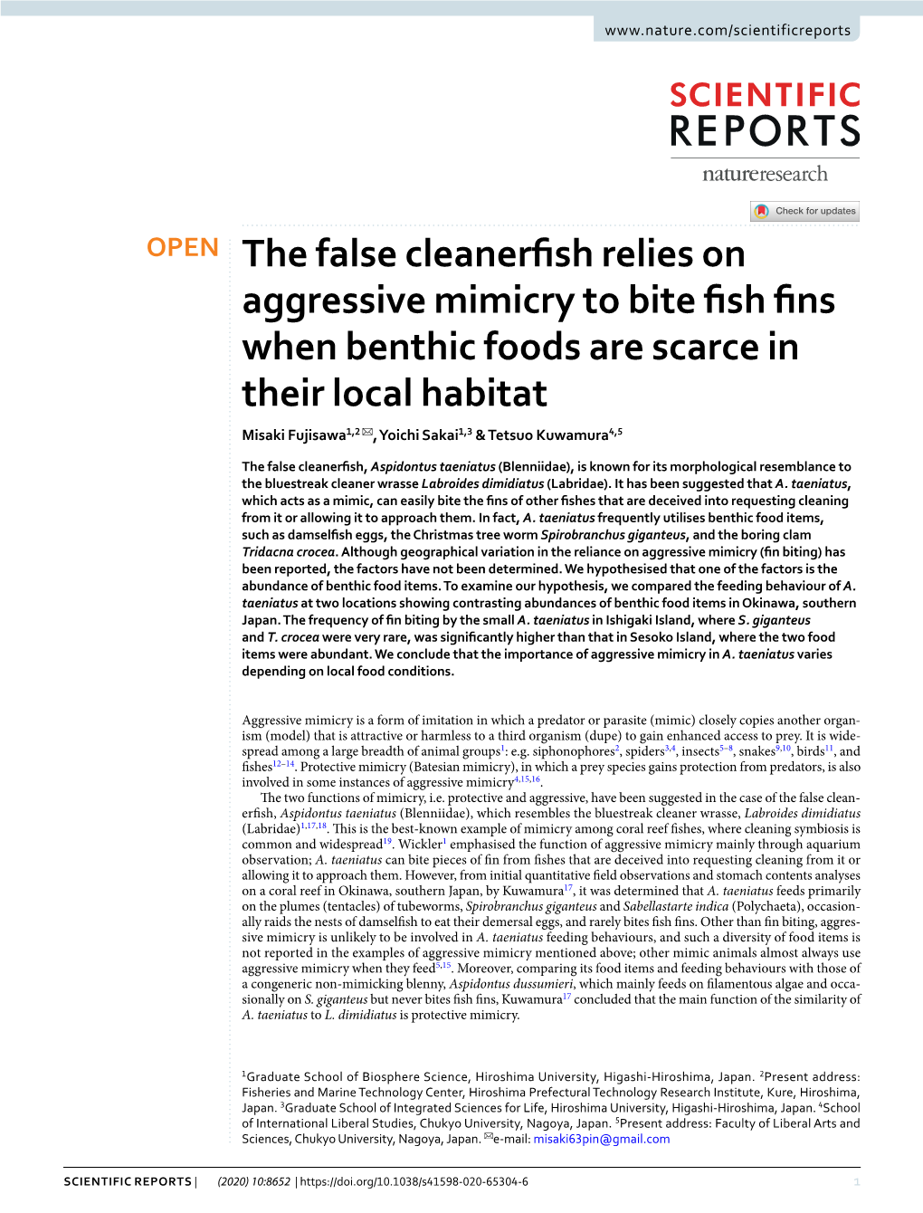 The False Cleanerfish Relies on Aggressive Mimicry to Bite Fish Fins