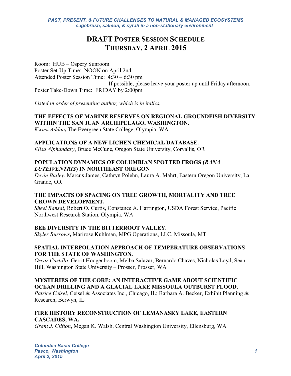 Draft Poster Session Schedule Thursday, 2 April 2015