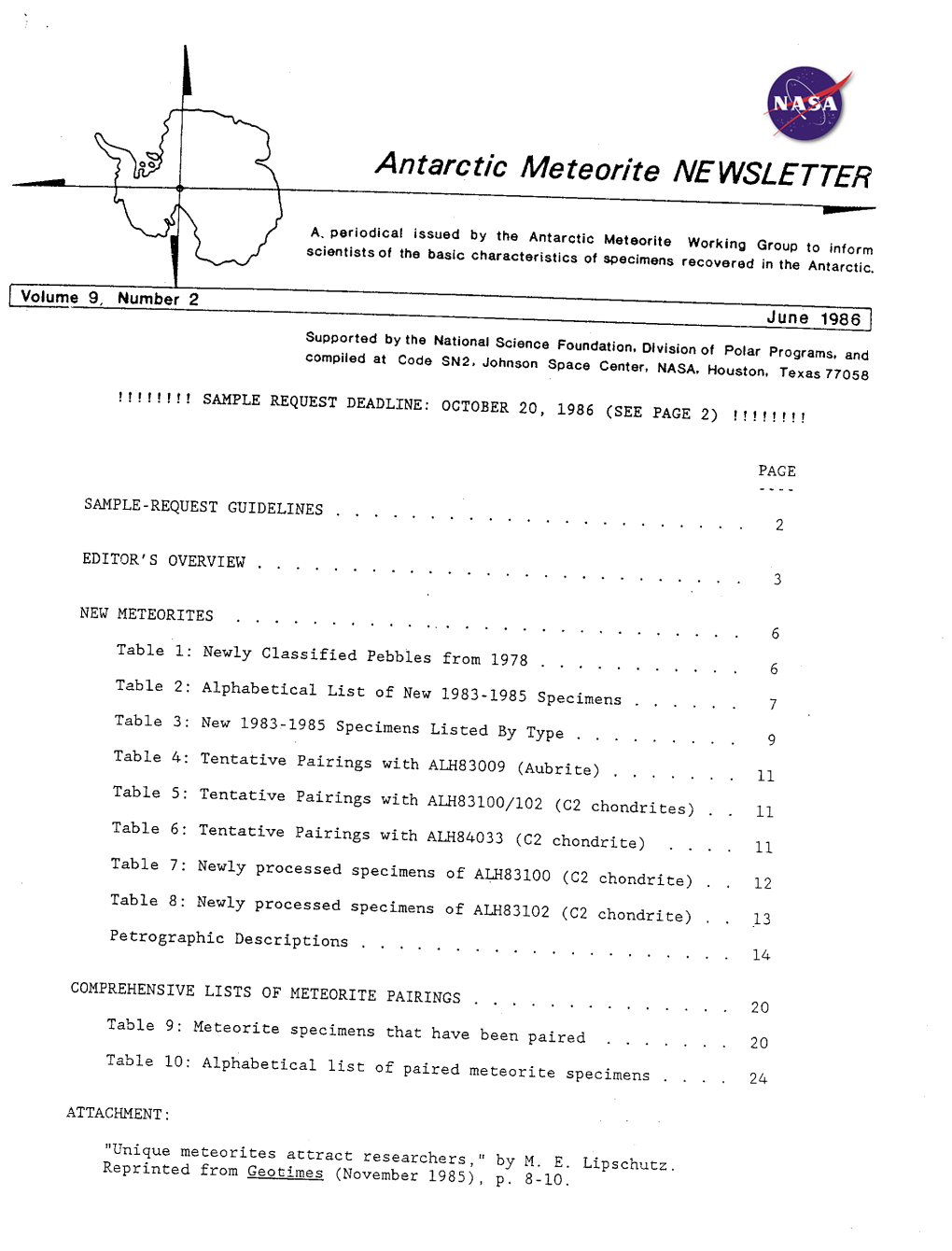 Antartic Meterorite Newsletter Volume 9