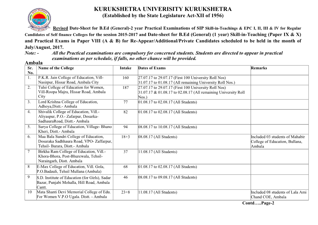 KURUKSHETRA UNIVERISITY KURUKSHETRA (Established by the State Legislature Act-XII of 1956)