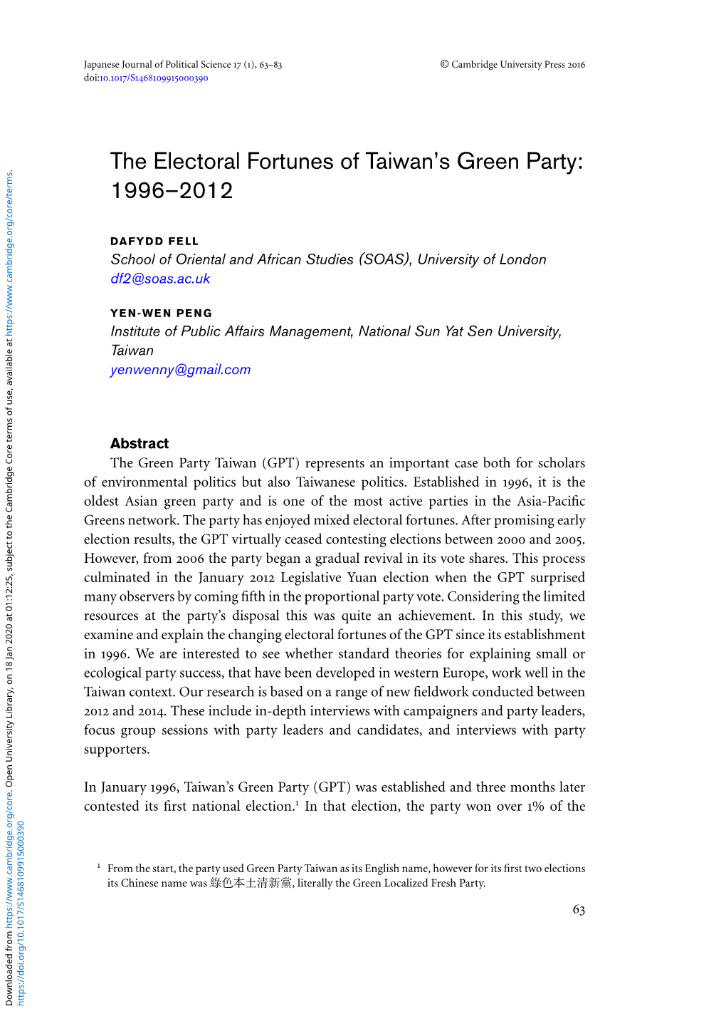 The Electoral Fortunes of Taiwan's Green Party: 1996–2012