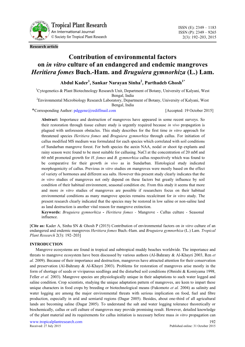 Contribution of Environmental Factors on in Vitro Culture of an Endangered and Endemic Mangroves Heritiera Fomes Buch.-Ham