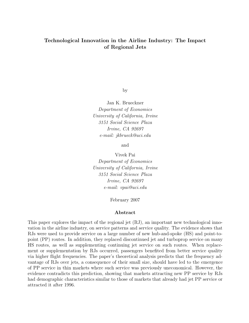 Technological Innovation in the Airline Industry: the Impact of Regional Jets