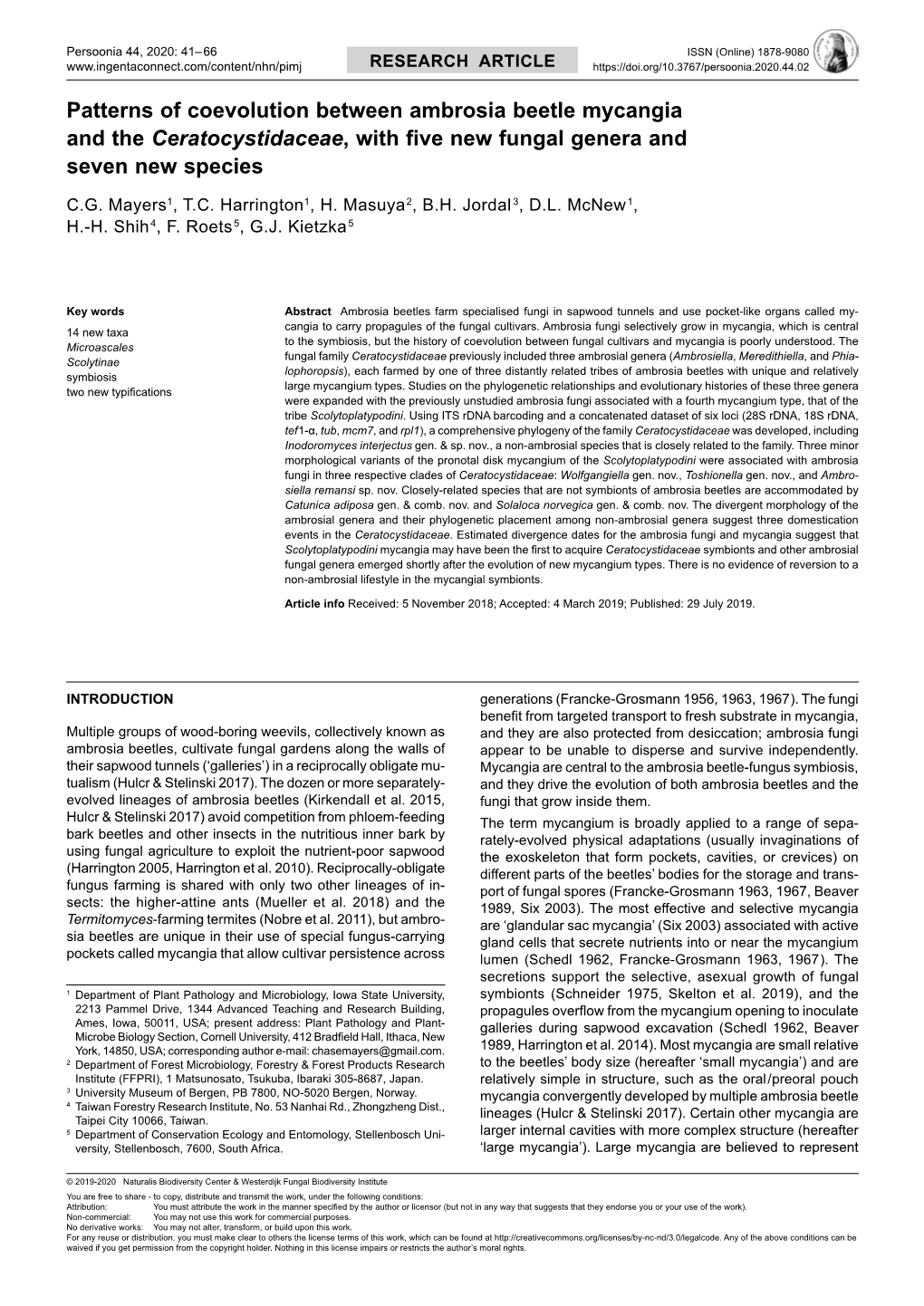 Patterns of Coevolution Between Ambrosia Beetle Mycangia and the Ceratocystidaceae, with Five New Fungal Genera and Seven New Species