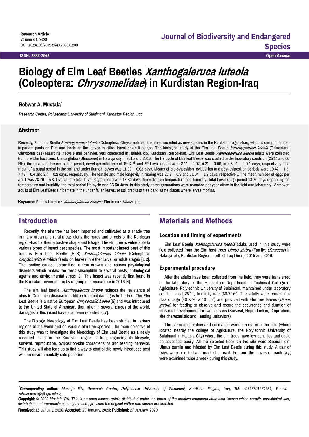 Biology of Elm Leaf Beetles Xanthogaleruca Luteola (Coleoptera: Chrysomelidae) in Kurdistan Region-Iraq