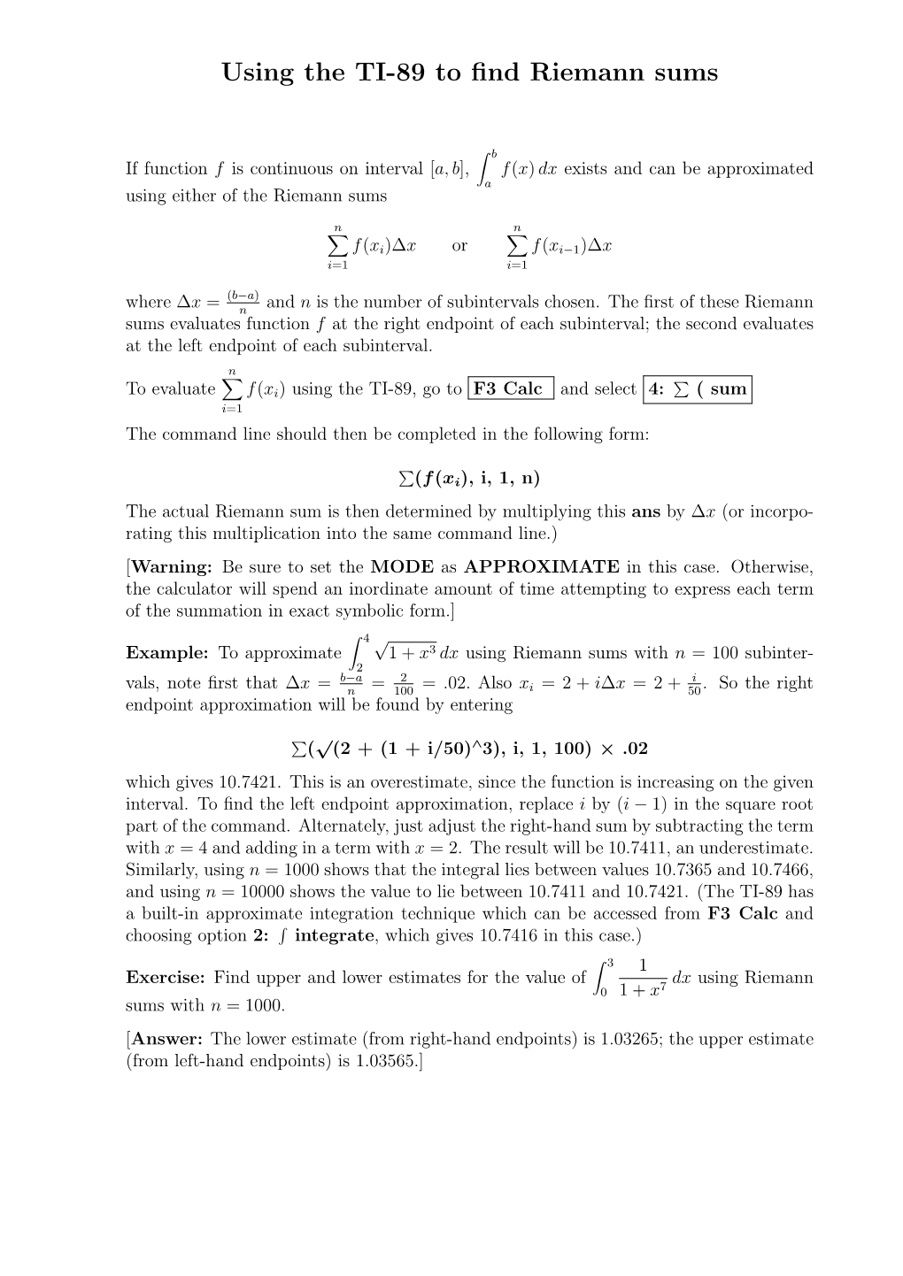 Using the TI-89 to Find Riemann Sums