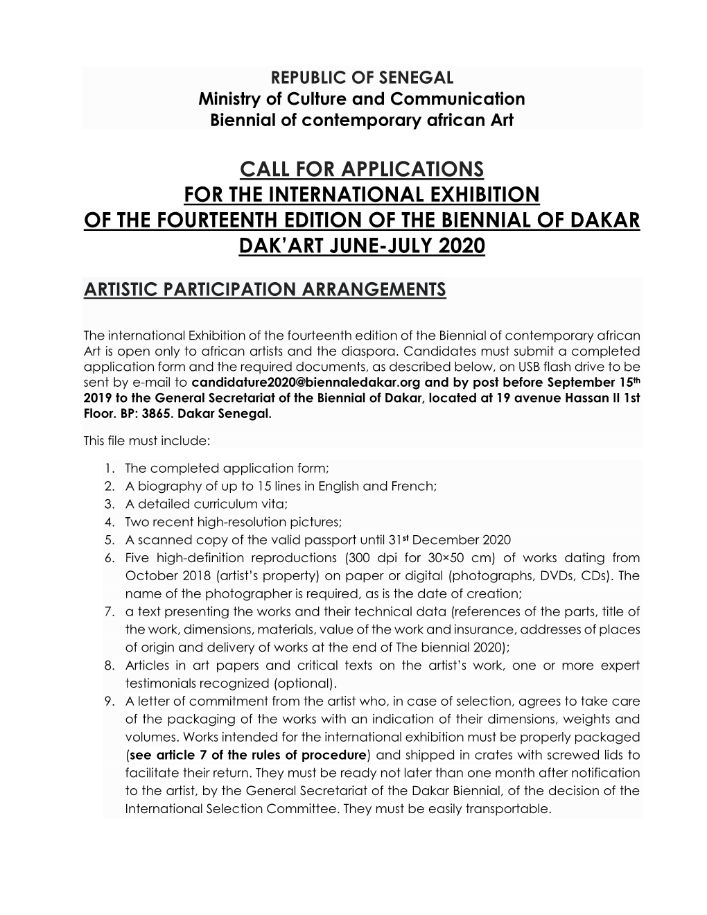 Call for Applications for the International Exhibition of the Fourteenth Edition of the Biennial of Dakar Dak’Art June-July 2020