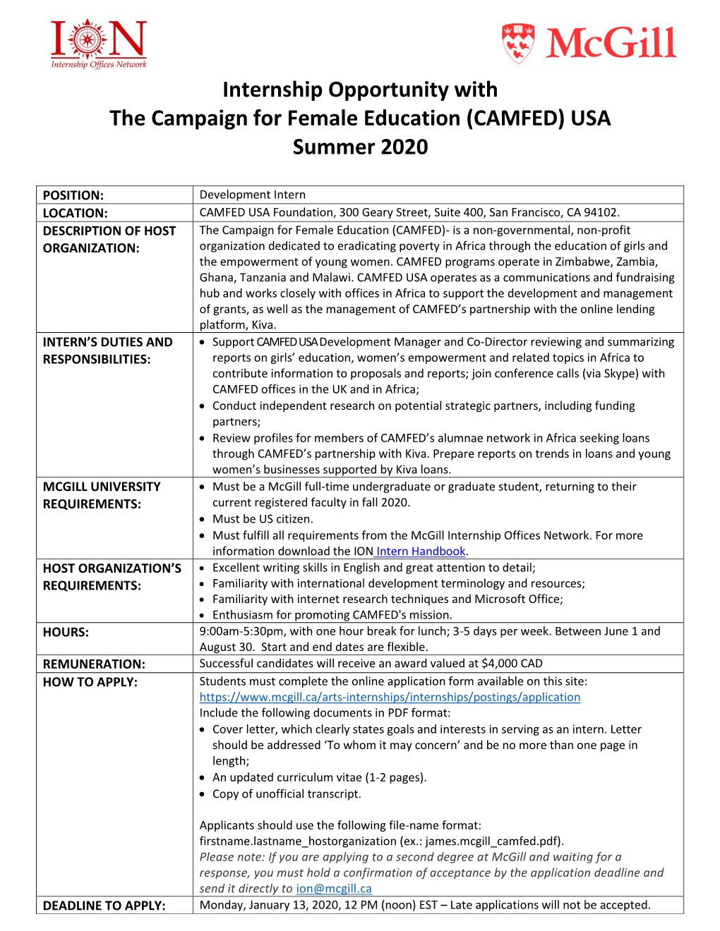 CAMFED) USA Summer 2020