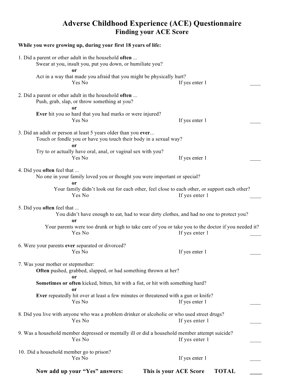 Adverse Childhood Experience (ACE) Questionnaire Finding Your ACE Score