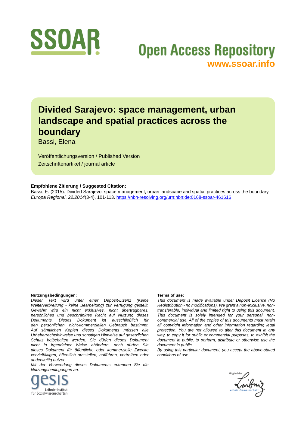 Divided Sarajevo: Space Management, Urban Landscape and Spatial Practices Across the Boundary Bassi, Elena