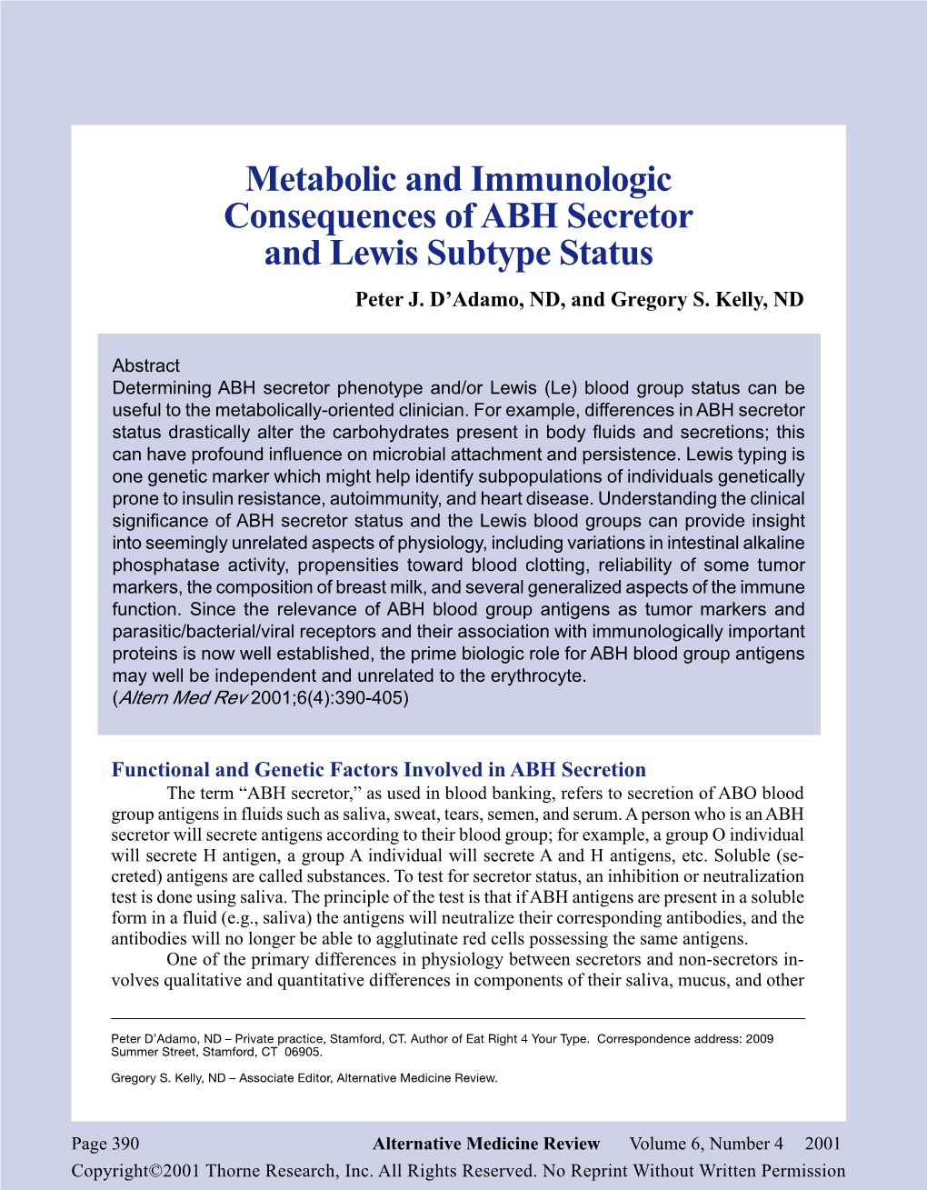 ABH Secretor and Lewis Subtype Status Peter J