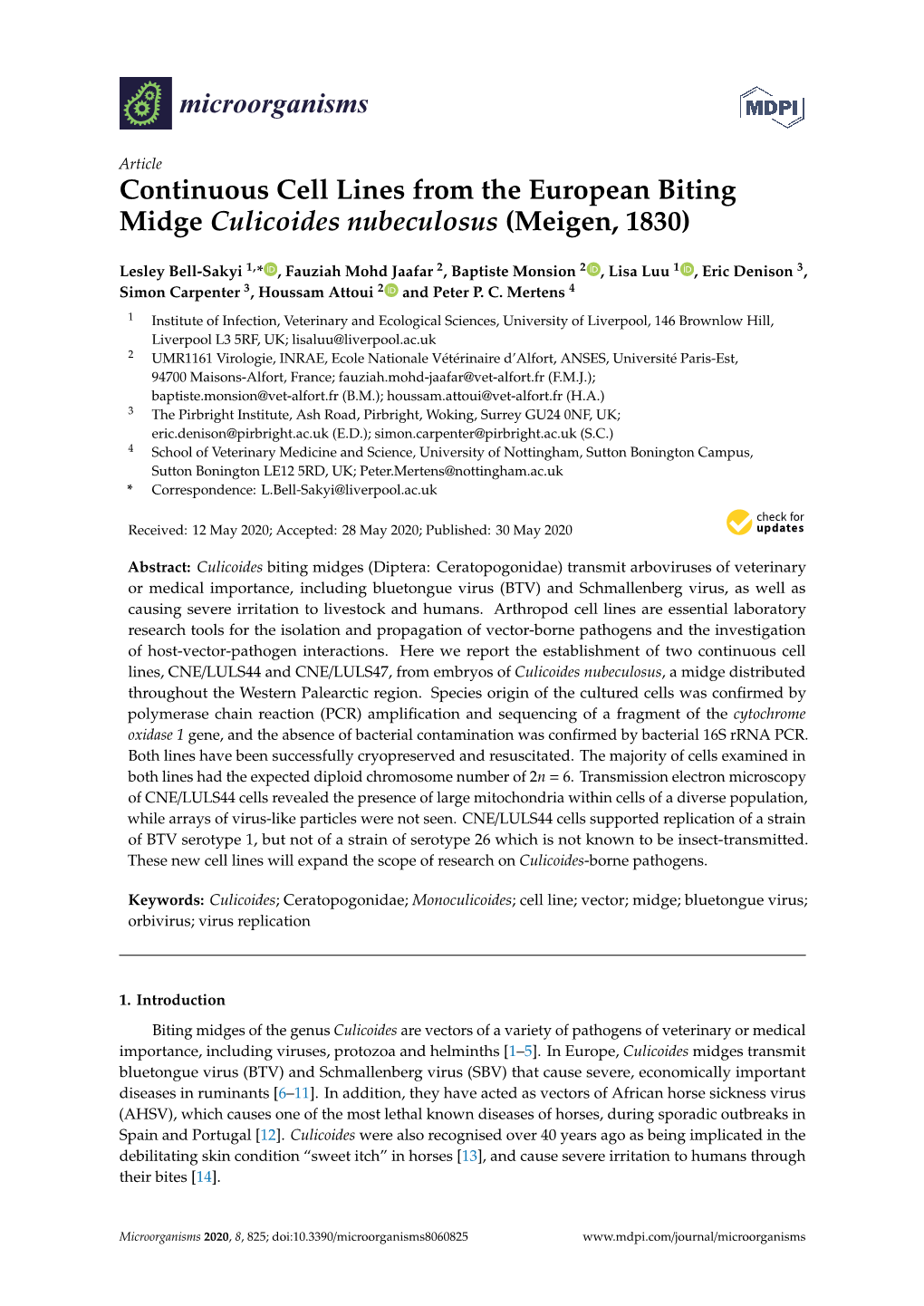 Continuous Cell Lines from the European Biting Midge Culicoides Nubeculosus (Meigen, 1830)