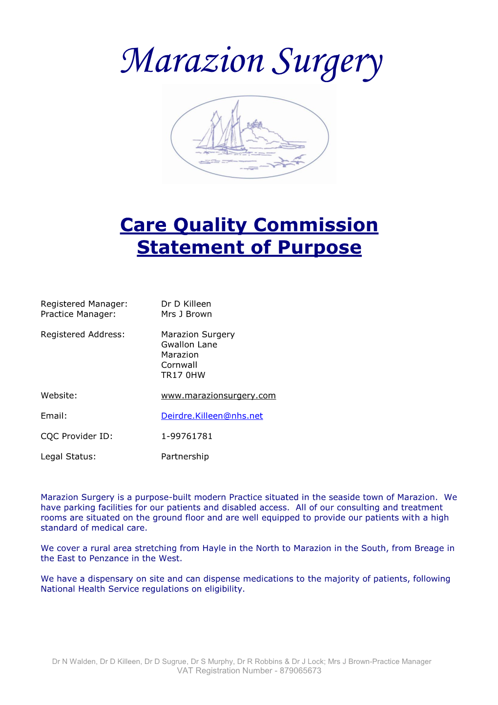 Marazion Surgery Care Quality Commission Statement of Purpose
