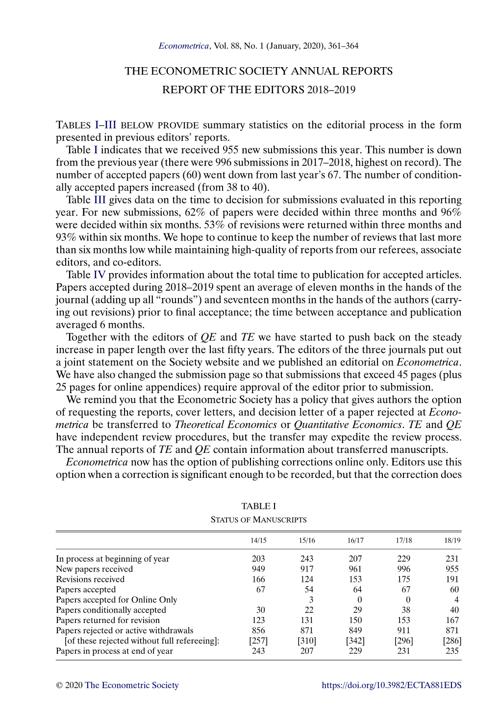 The Econometric Society Annual Reports. Report of the Editors 2018