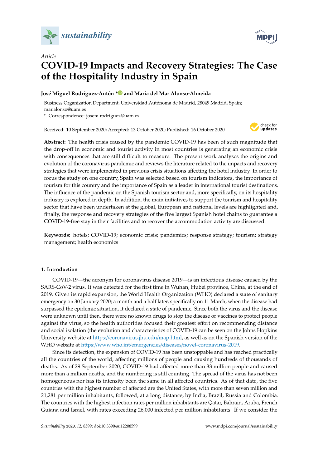 COVID-19 Impacts and Recovery Strategies: the Case of the Hospitality Industry in Spain