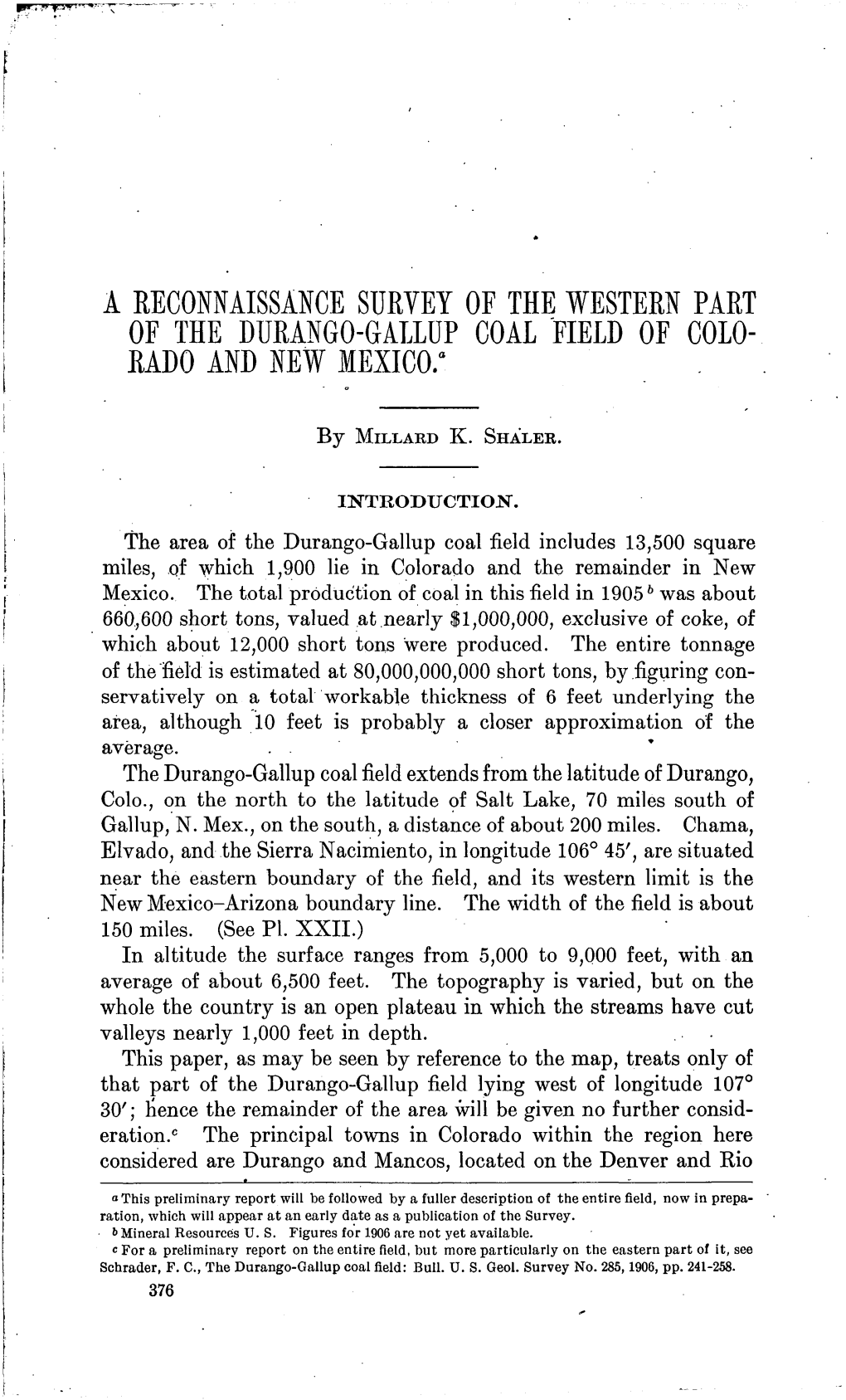 A Reconnaissance Survey of the Western Part of the Durango-Gallup Coal Field of Colo­ Rado and New Mexico.