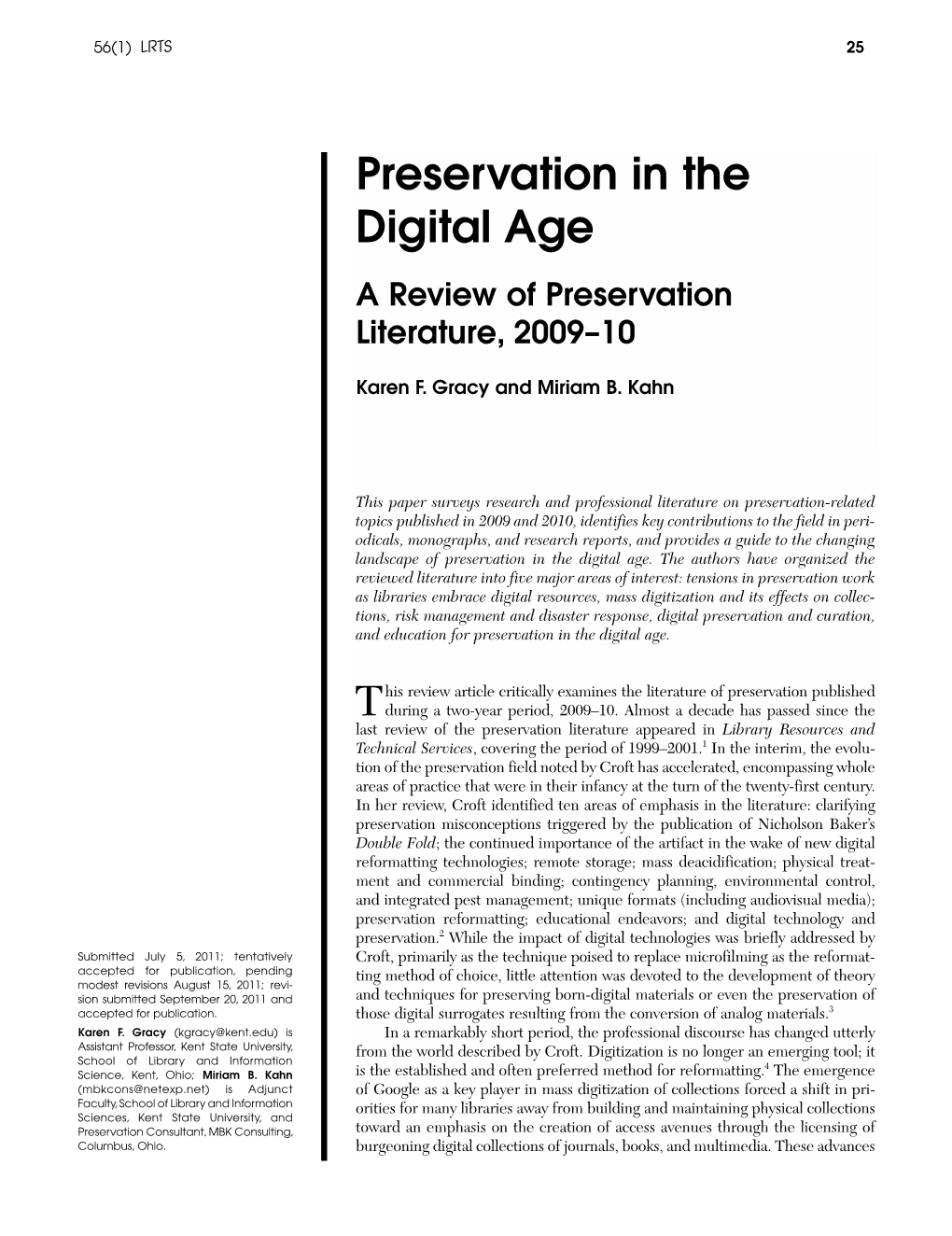 Preservation in the Digital Age a Review of Preservation Literature, 2009–10