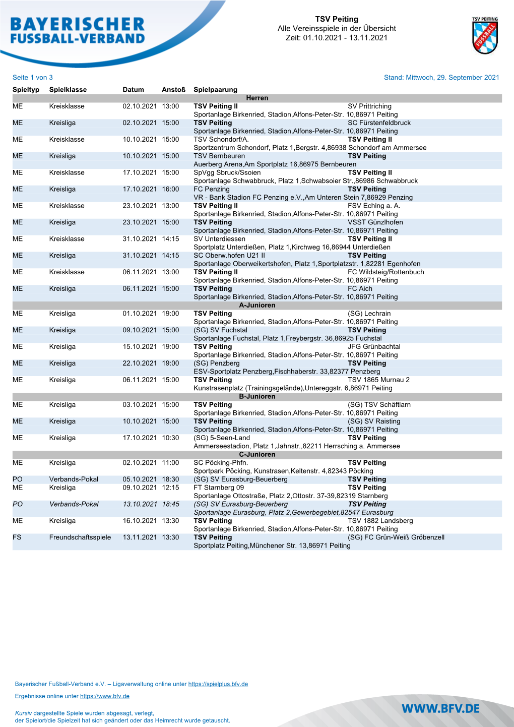 TSV Peiting Alle Vereinsspiele in Der Übersicht Zeit: 01.10.2021 - 13.11.2021