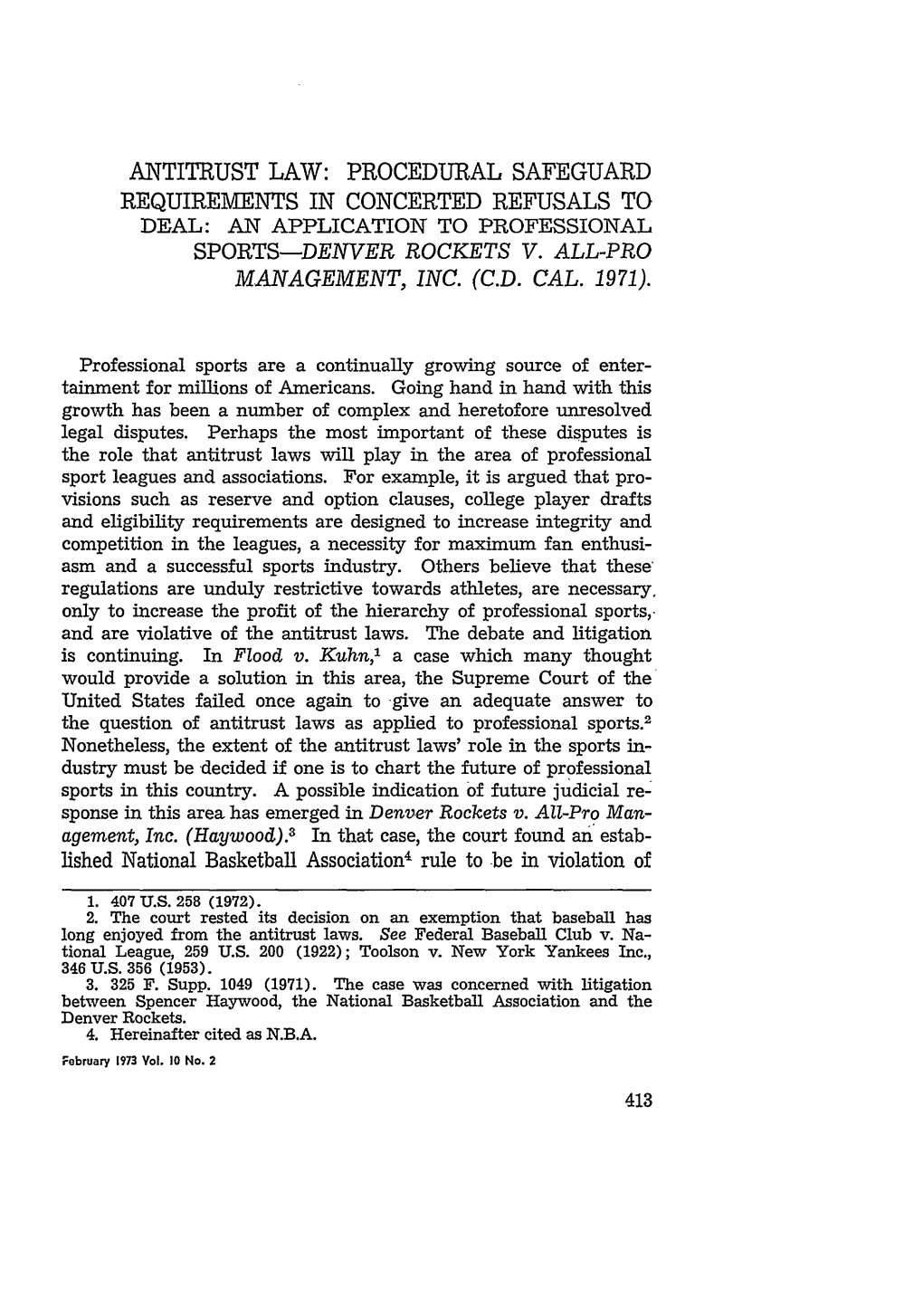 Antitrust Law: Procedural Safeguard Requirements in Concerted Refusals to Deal: an Application to Professional Sports-Denver Rockets V