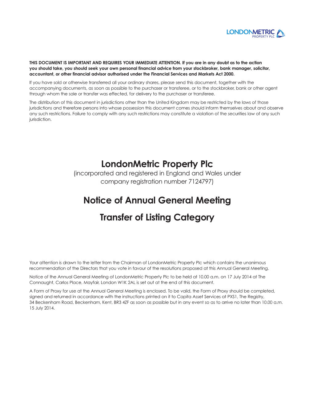 Londonmetric Property Plc Notice of Annual General Meeting Transfer Of