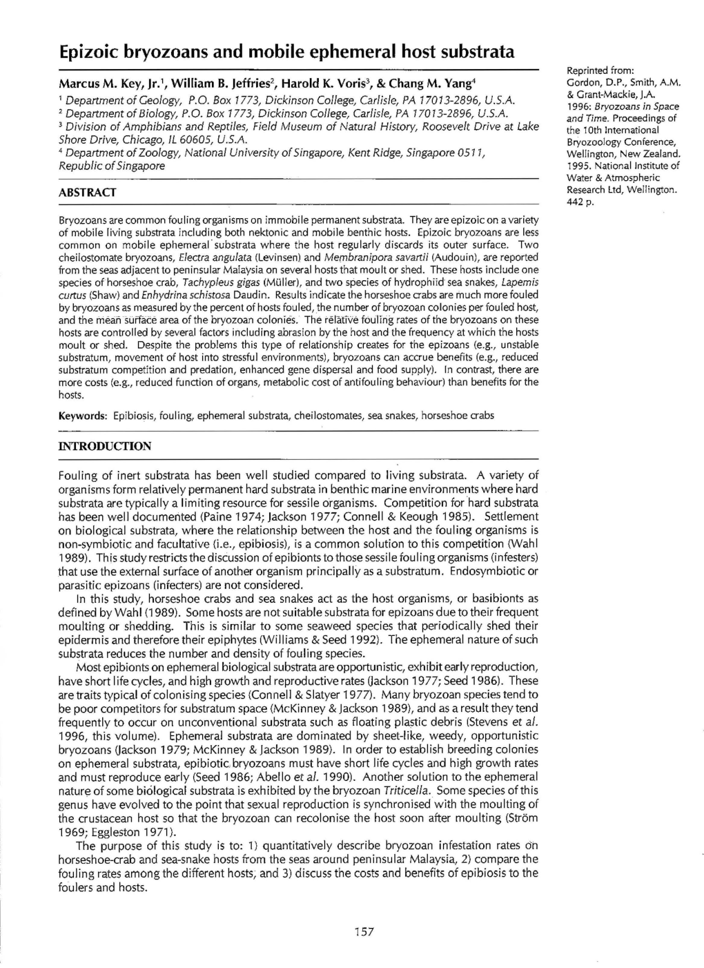 Epizoic Bryozoans and Mobile Ephemeral Host Substrata Reprinted From: 1 2 3 Marcus M