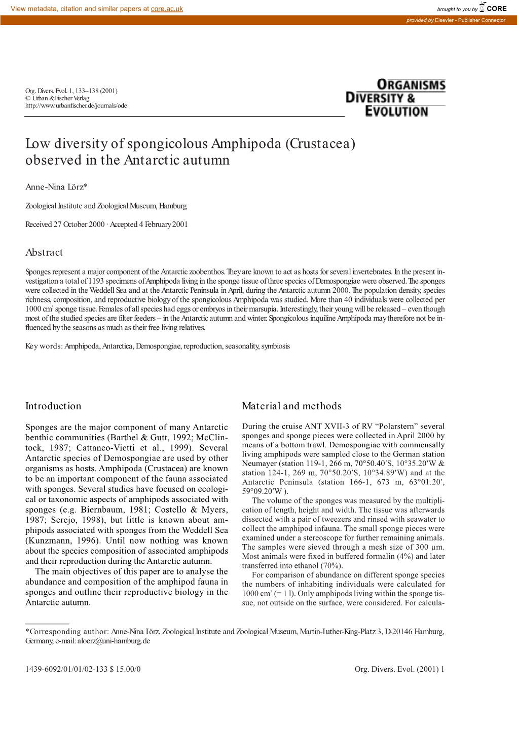 Low Diversity of Spongicolous Amphipoda (Crustacea) Observed in the Antarctic Autumn