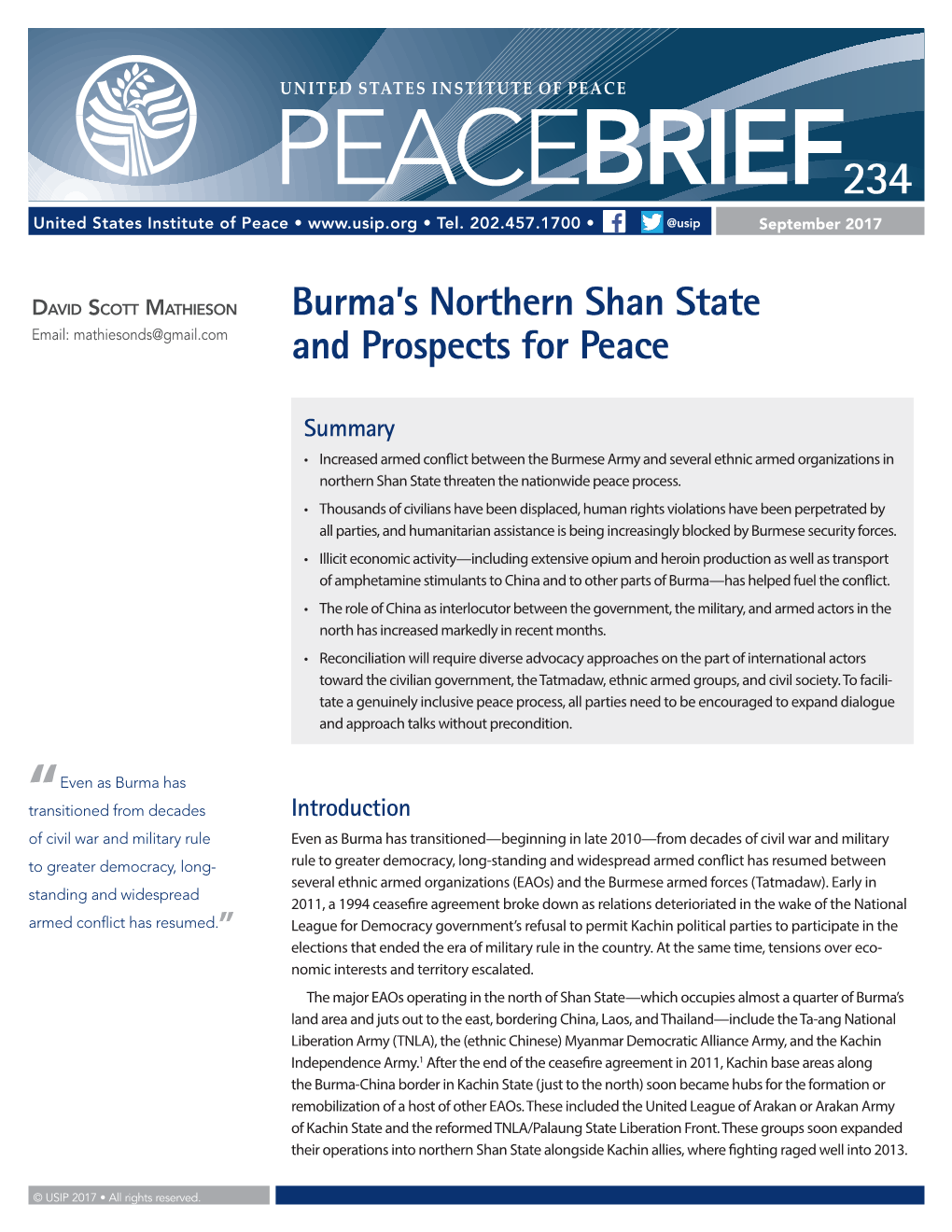 Burma's Northern Shan State and Prospects for Peace