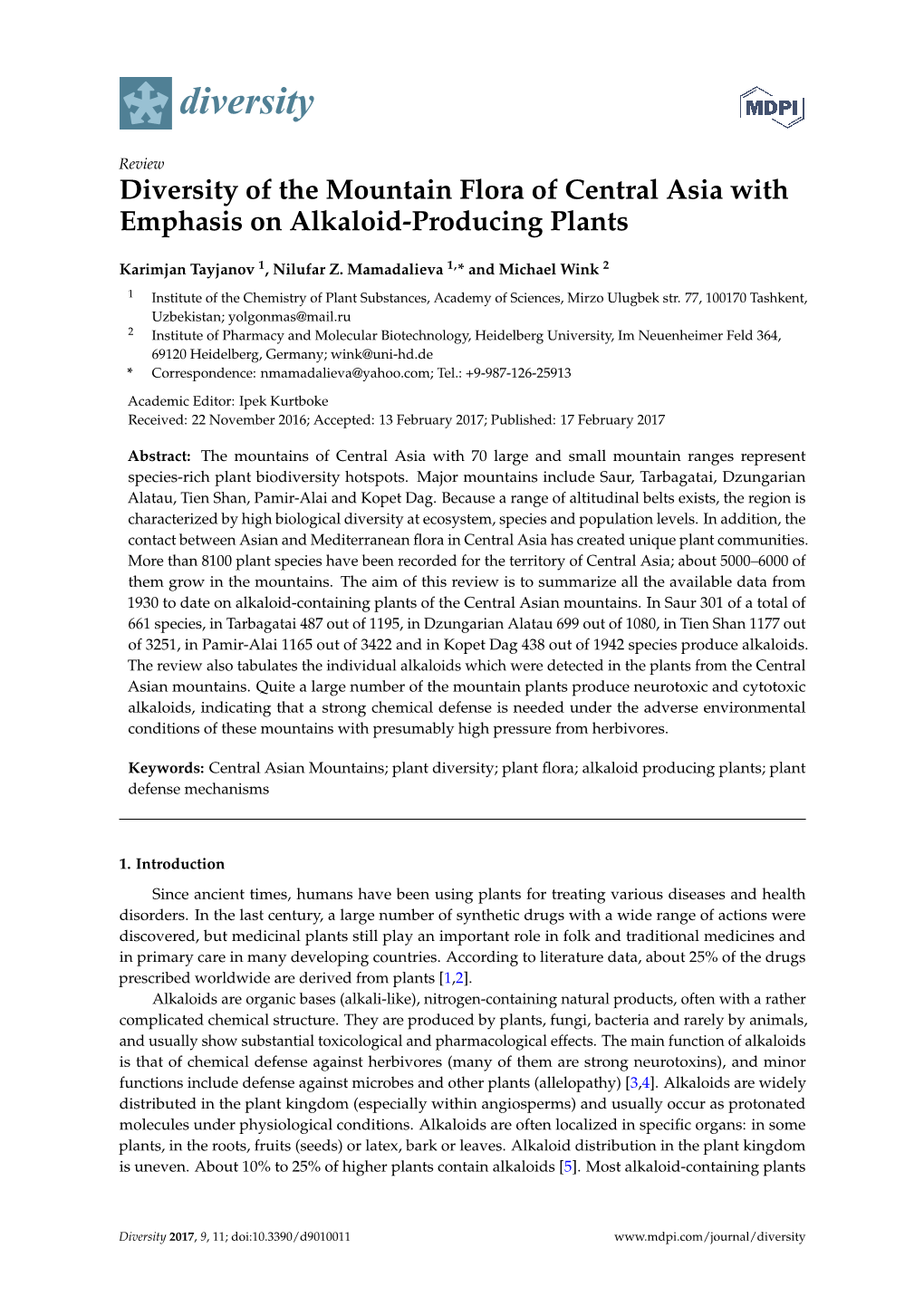 Diversity of the Mountain Flora of Central Asia with Emphasis on Alkaloid-Producing Plants