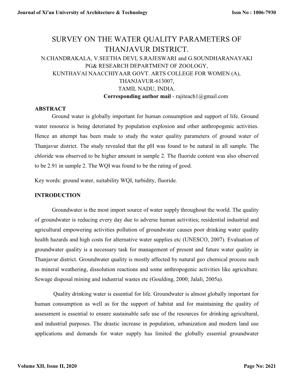 Survey on the Water Quality Parameters of Thanjavur District