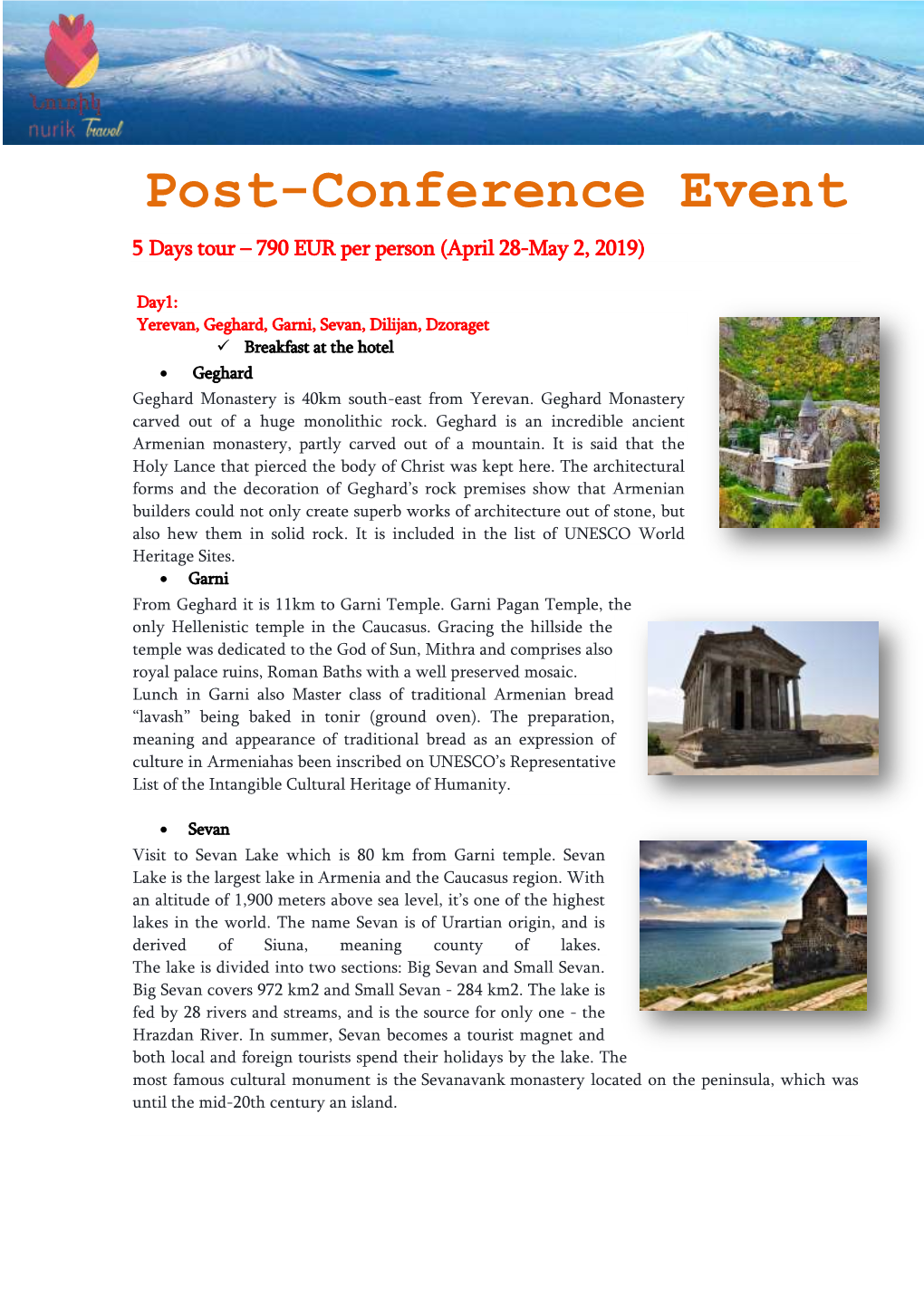 Post-Conference Event 5 Days Tour – 790 EUR Per Person (April 28-May 2, 2019)