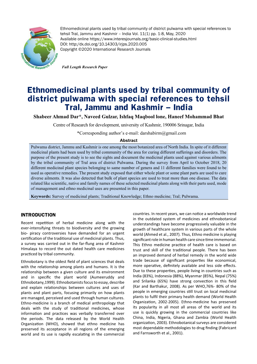 Ethnomedicinal Plants Used by Tribal Community of District Pulwama with Special References to Tehsil Tral, Jammu and Kashmir – India Vol