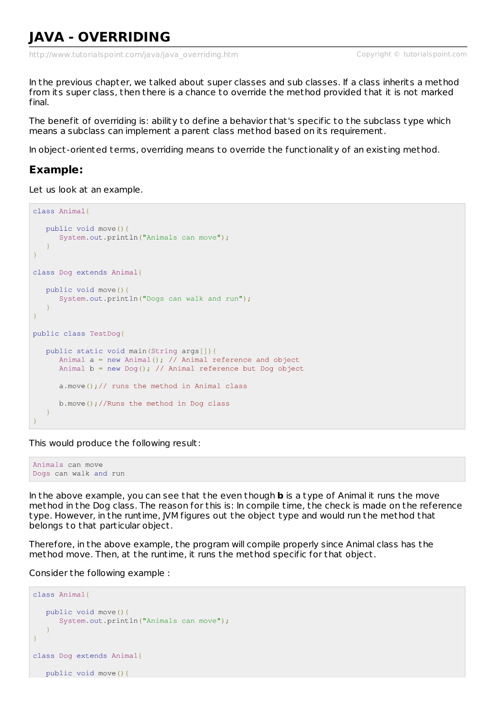 JAVA - OVERRIDING Copyright © Tutorialspoint.Com