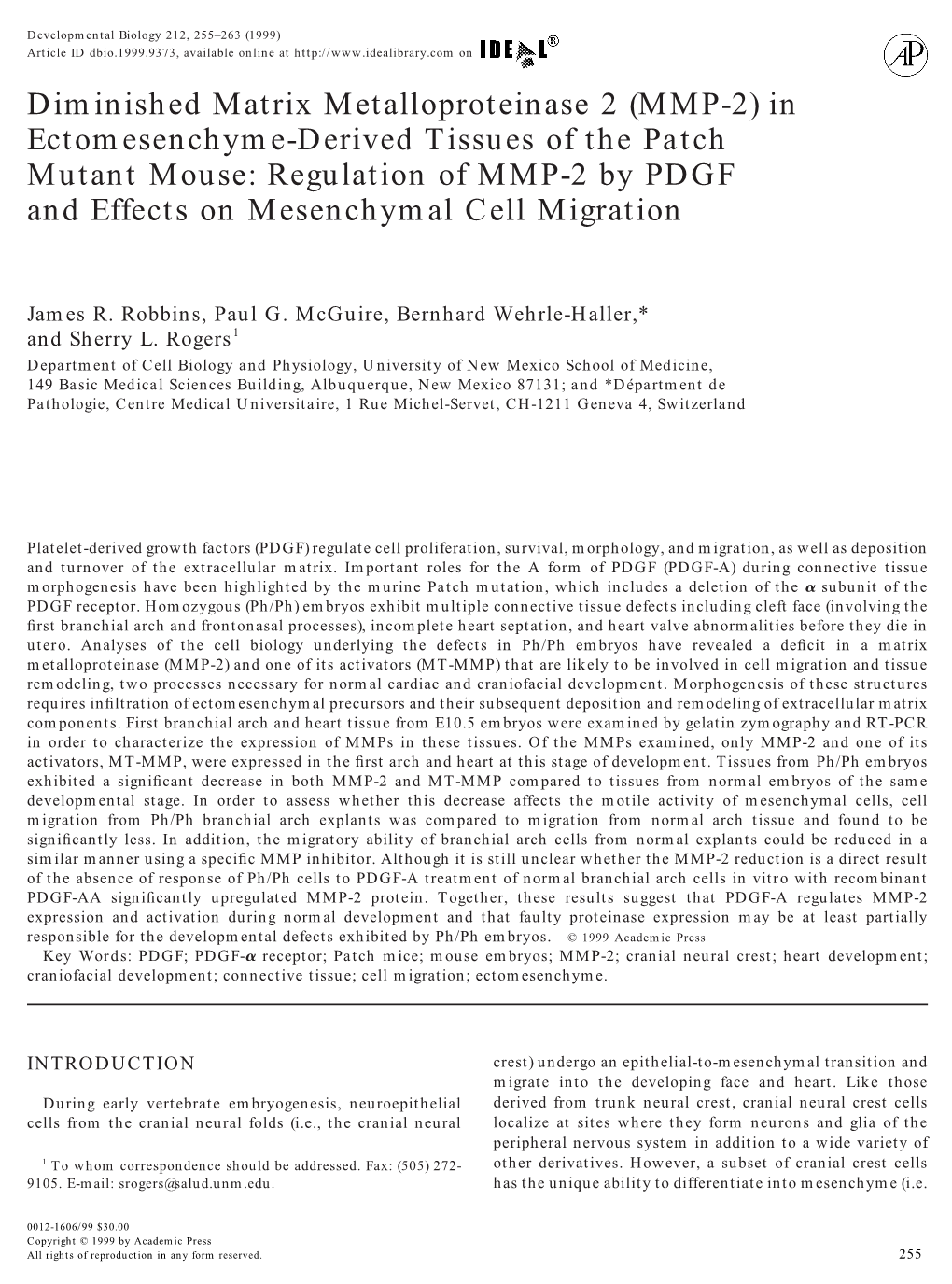 (MMP-2) in Ectomesenchyme-Derived Tissues of the Patch Mutant Mouse: Regulation of MMP-2 by PDGF and Effects on Mesenchymal Cell Migration