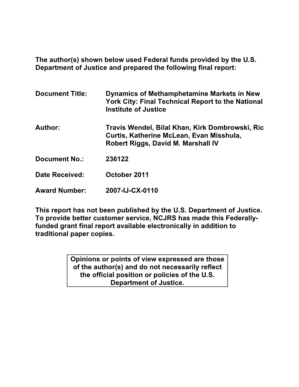 Dynamics of Methamphetamine Markets in New York City: Final Technical Report to the National Institute of Justice