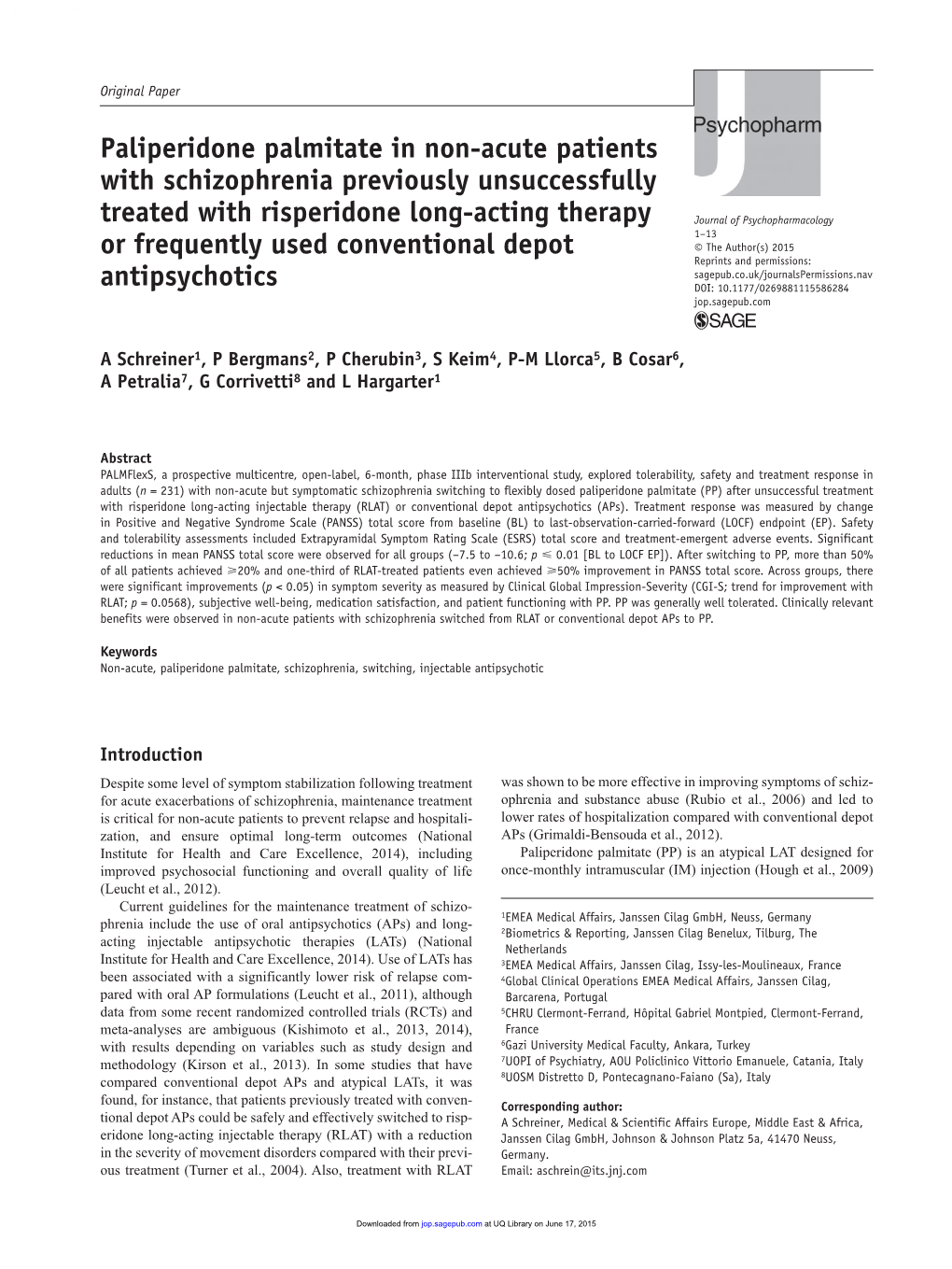 Paliperidone Palmitate in Non-Acute Patients with Schizophrenia Previously Unsuccessfully