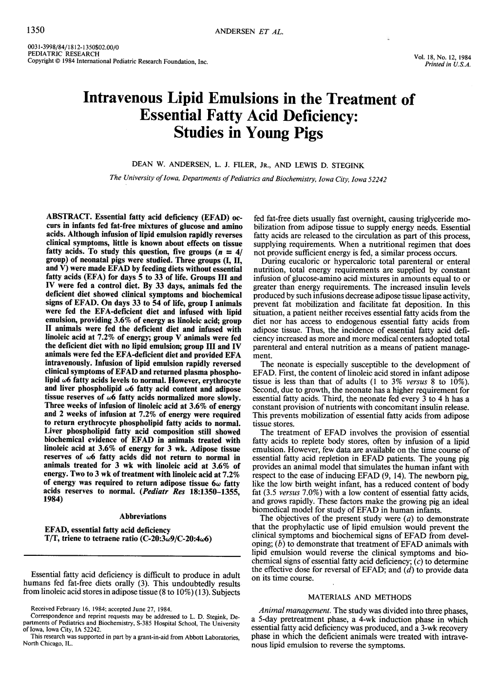 Intravenous Lipid Emulsions in the Treatment of Essential Fatty Acid Deficiency: Studies in Young Pigs