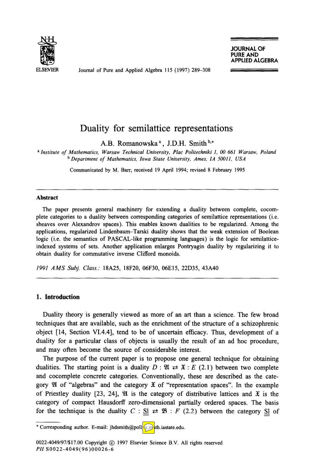 Duality for Semilattice Representations A.B