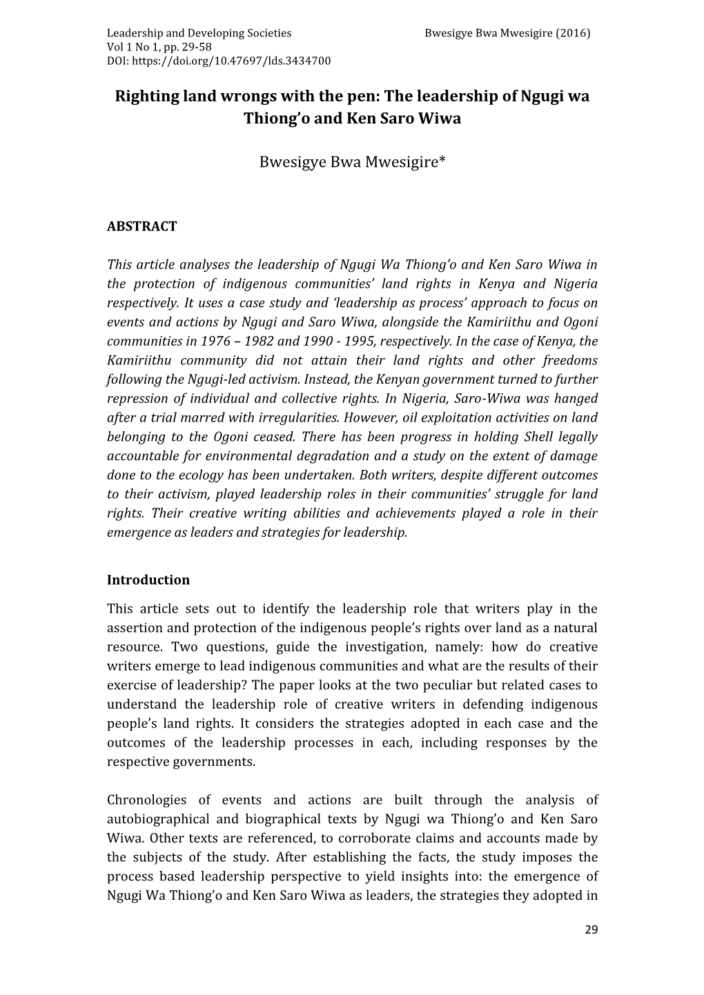 Righting Land Wrongs with the Pen: the Leadership of Ngugi Wa Thiong’O and Ken Saro Wiwa